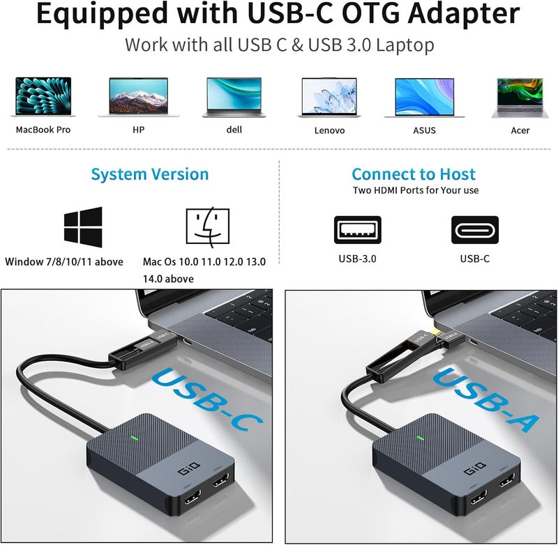 Giq HDMI Splitter Extended Display for Dual Monitor, Dual 2K@60Hz Universal Video Graphics USB to Dual HDMI Adapter for USB 3.0 / USB-C Adapter, Compatible with USB4,Windows and Mac1 - Image 5
